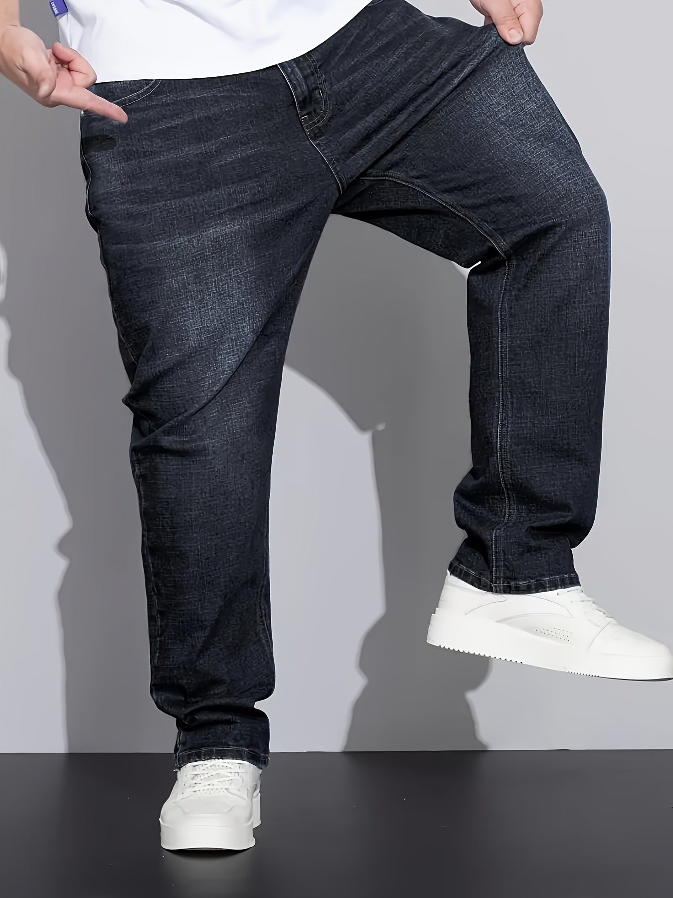 [HME] Men'S Simple And Casual Denim Trousers, Classic Five-pocket Style, Retro Washed Craftsmanship, Mid-waist Elastic Straight-leg Pants, Built-in YKK Zipper Closure, Essential Men'S Plus-size Jeans For Fashionable And Casua