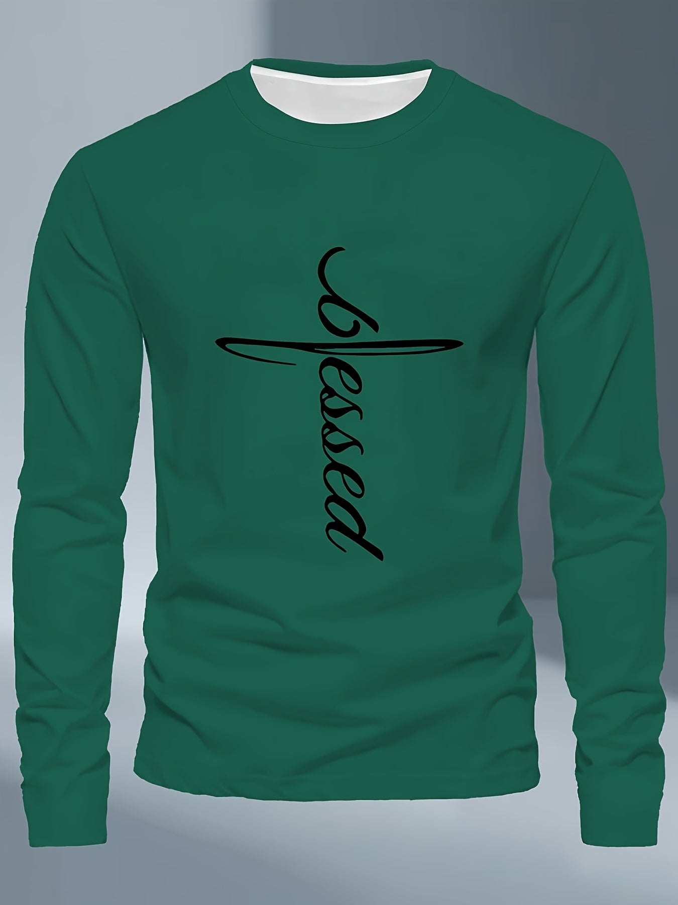 Men's Plus Size Long Sleeve T-Shirt - Dark Gray/Black Blessed Script & Cross - Soft Everyday & Formal Shirt - Machine Washable Casual Top for Religious Events Casual Attire, Event Apparel, Graphic Tee, Comfortable Fit, Comfor