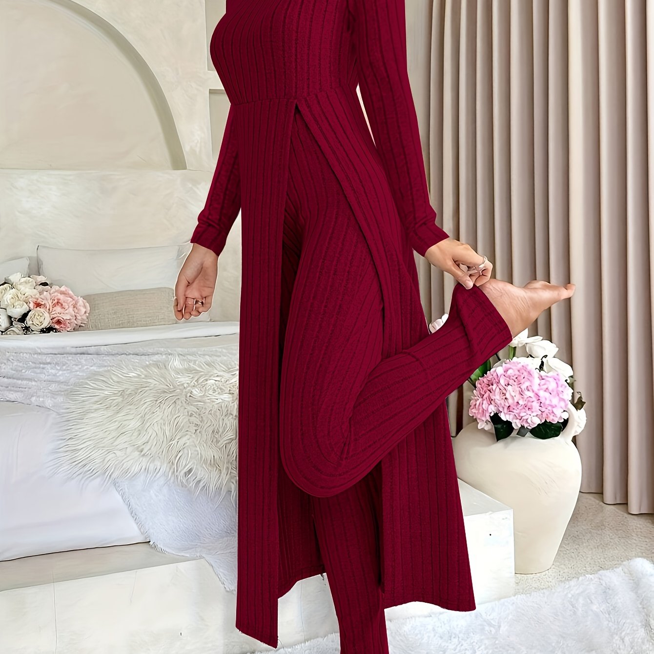 [Plaid Two-Piece] Two-Piece Set Round Neck Split Long Sleeve Top and Pants | Design Sensation with Plaid Spring/Autumn Style