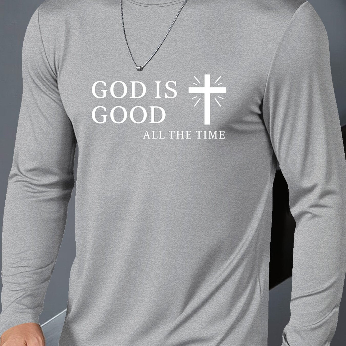 Men's Plus Size Christian Faith T-Shirt - Inspirational "GOD IS GOOD ALL THE TIME" & Cross Print, Breathable Long Sleeve Round Neck Casual Shirt for Church, Casual Attire, Spring/Fall Layering (Adults & Teens) - Comfortable R