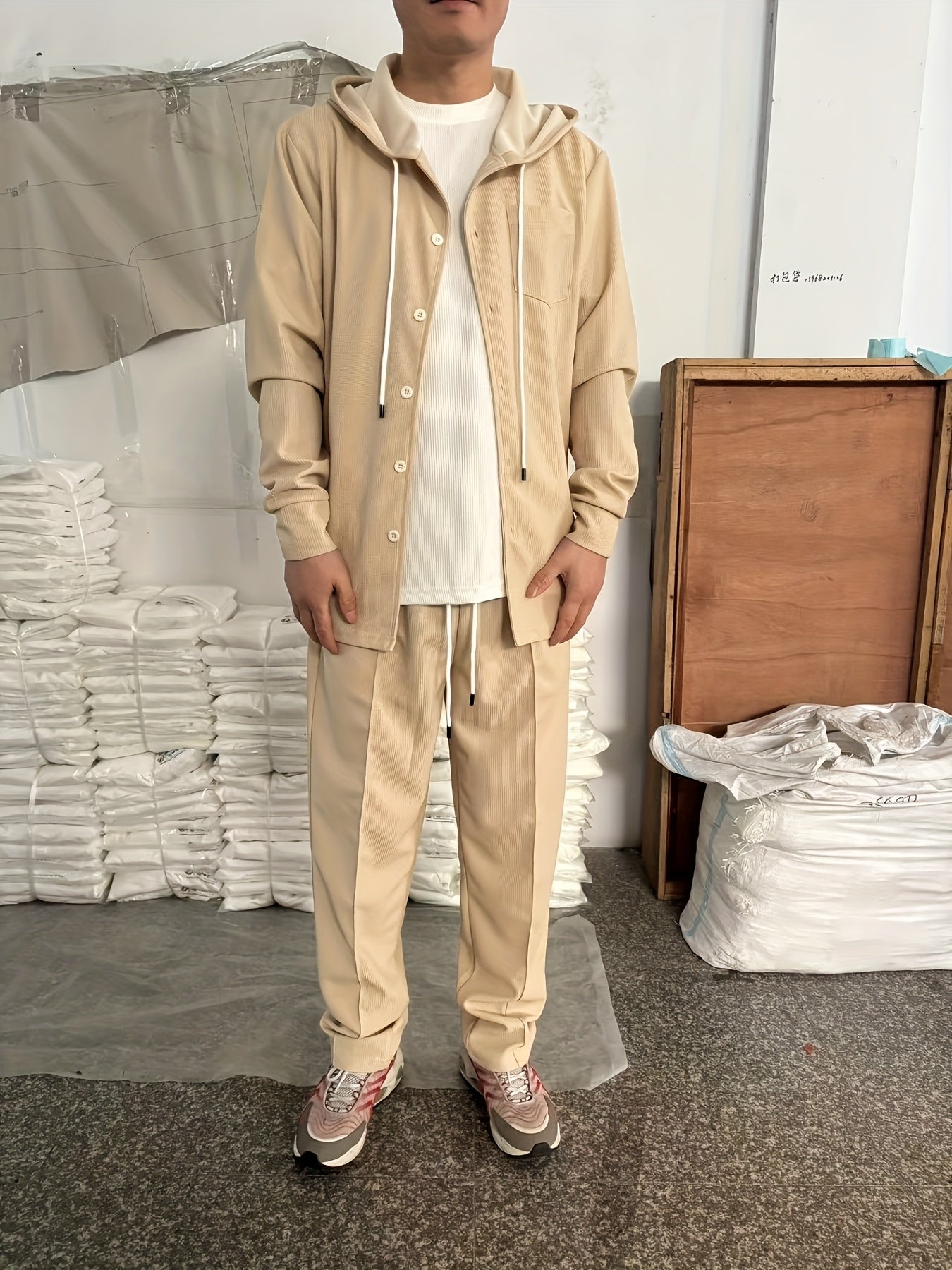 Men's Two-Piece Waffle Knit Set with Hooded Button-Up Cardigan and Drawstring Sweatpants Casual Wear Comfortable Outfit for Spring/Autumn