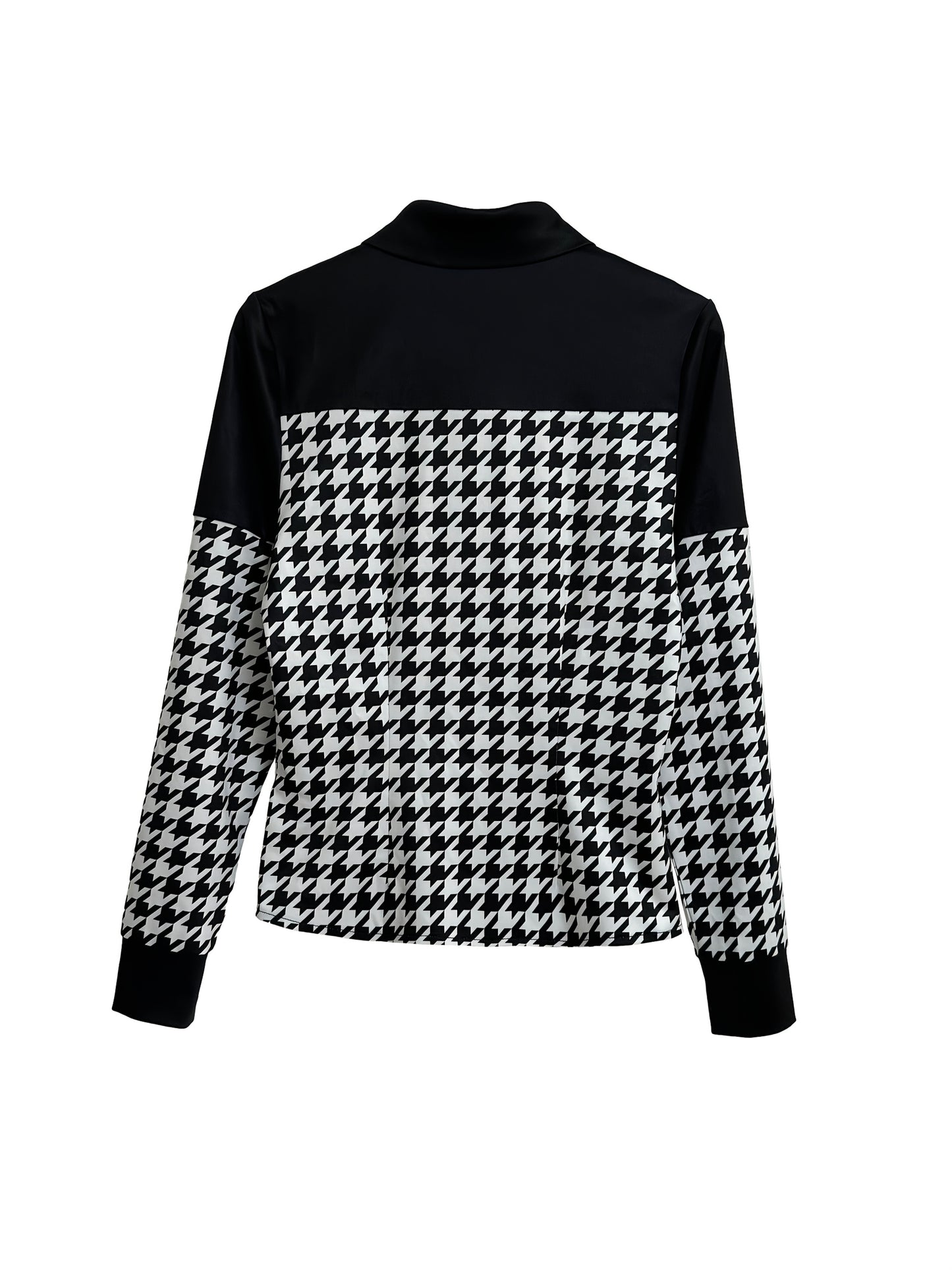 [Chic Houndstooth Blouse] Chic Women's Houndstooth Blouse | Black Shoulder Pads, Casual Button-Up Shirt, Long Sleeve, Black & White Checkered Pattern, Perfect for Spring/Fall