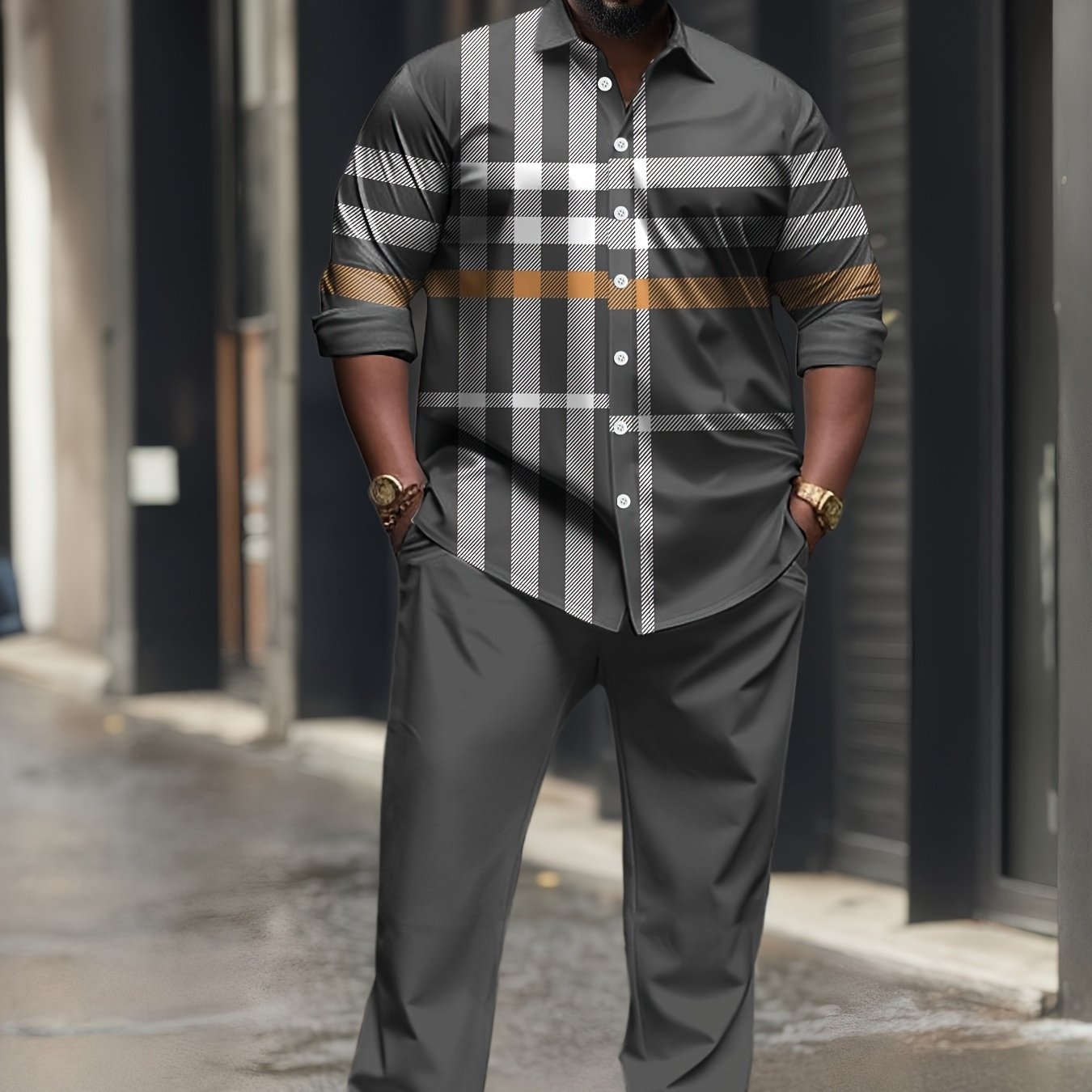 Men'S Plus Size Casual Sport Suit, Long Sleeve T-shirt + Long Pants Leisure Suit, Retro Sport Suit, Suitable for Daily Wear, PLUS SIZE