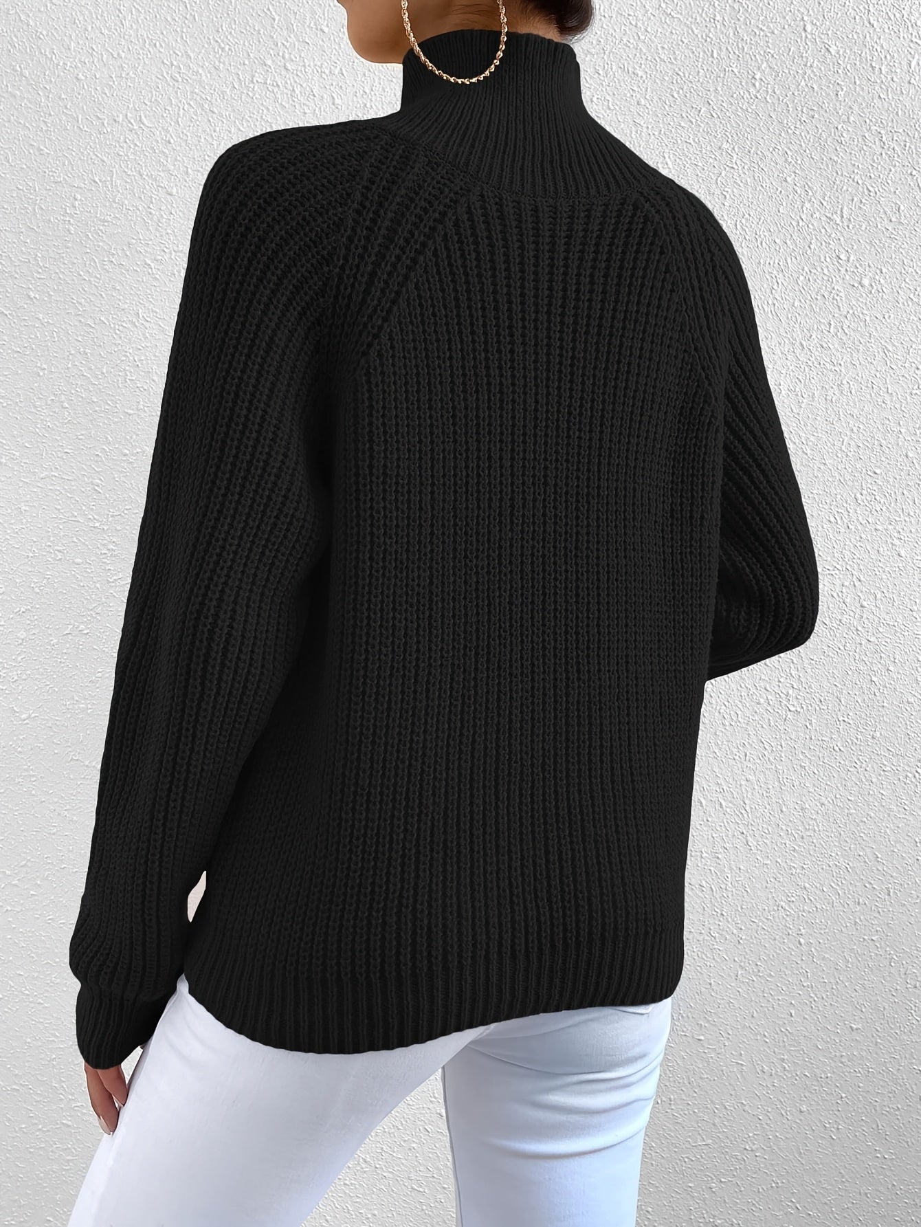 [Elegant High-Neck Pullover] Elegant High-Neck Long Sleeve Pullover for Women - Solid Color, Button Detail, Ribbed Texture, Fall/Winter Fashion, Black, Versatile Top | Button Detail Top | Construction, Sweater Dress