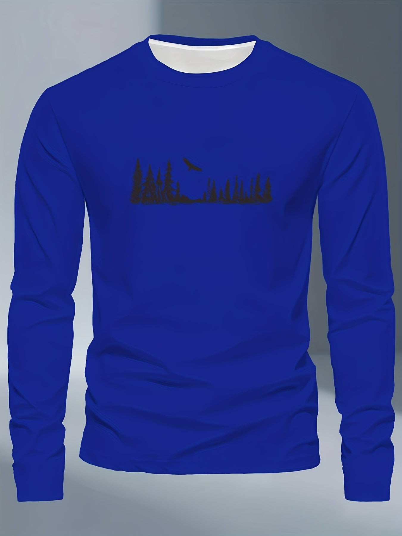 Men's Plus Size Long Sleeve T-Shirt - Navy Blue with Golden Pine Tree & Bird Design - Relaxed Fit Casual Everyday & Formal Wear - Machine Washable Graphic Tee, Durable Fabric Shirt, Versatile Top, Geometric Pattern, Comfortab