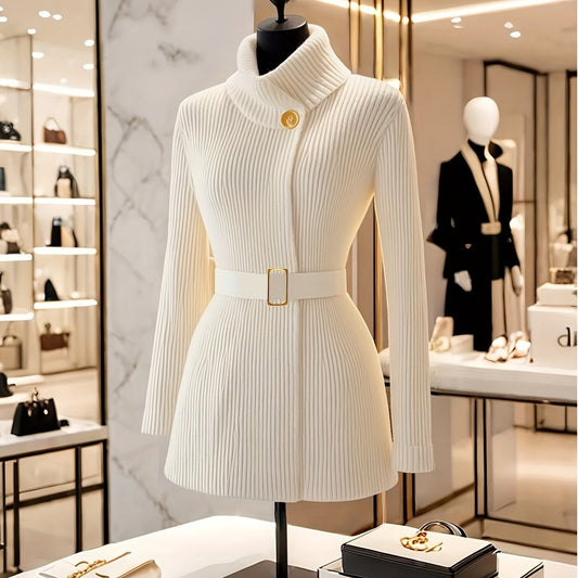 This Year's Trendy Stylish Retro Soft and Cozy Sweater with High-End Thickened White Waist-Cinching Design for Women in Winter