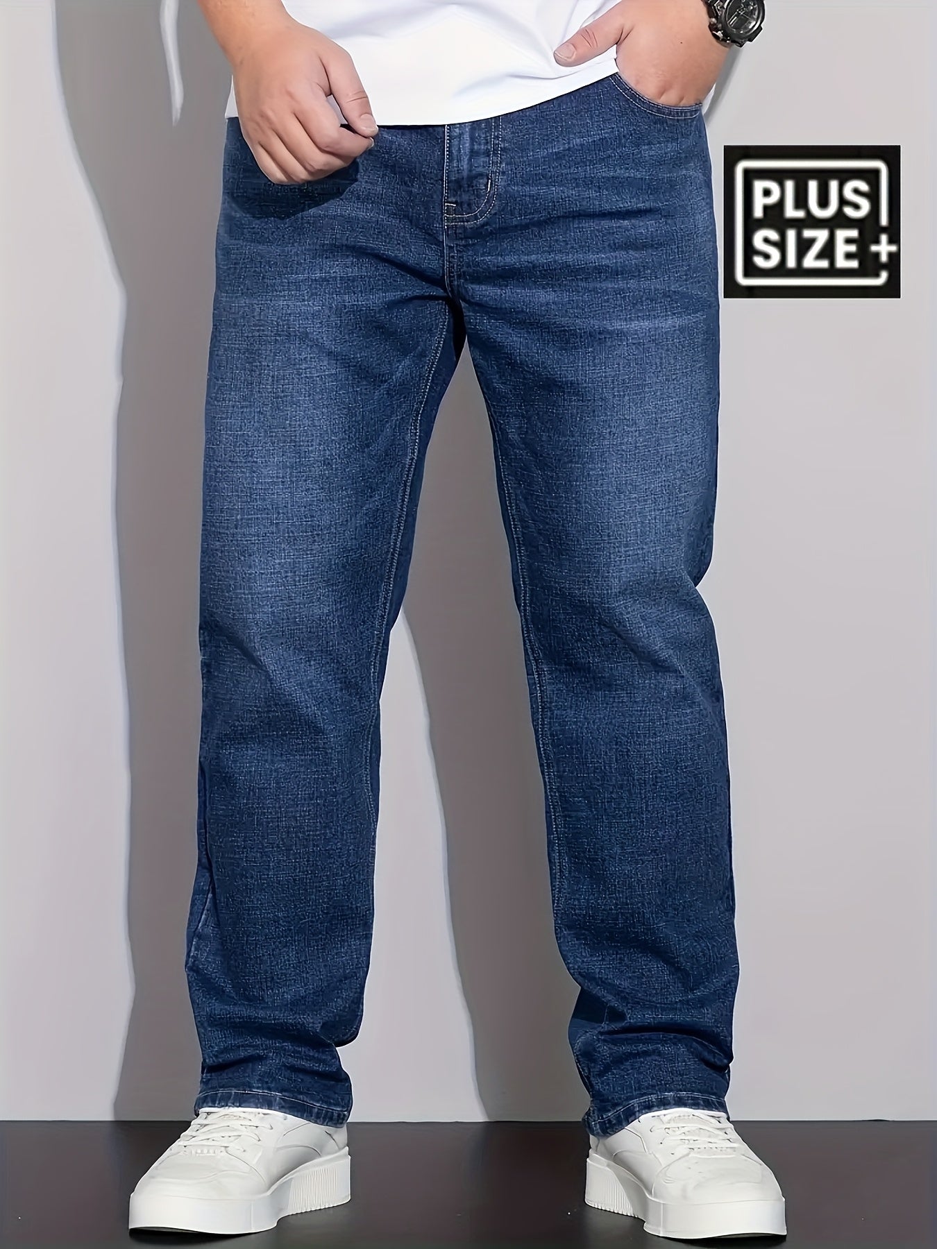 [HME] Men'S Simple And Casual Denim Trousers, Classic Five-pocket Style, Retro Washed Craftsmanship, Mid-waist Elastic Straight-leg Pants, Built-in YKK Zipper Closure, Essential Men'S Plus-size Jeans For Fashionable And Casua