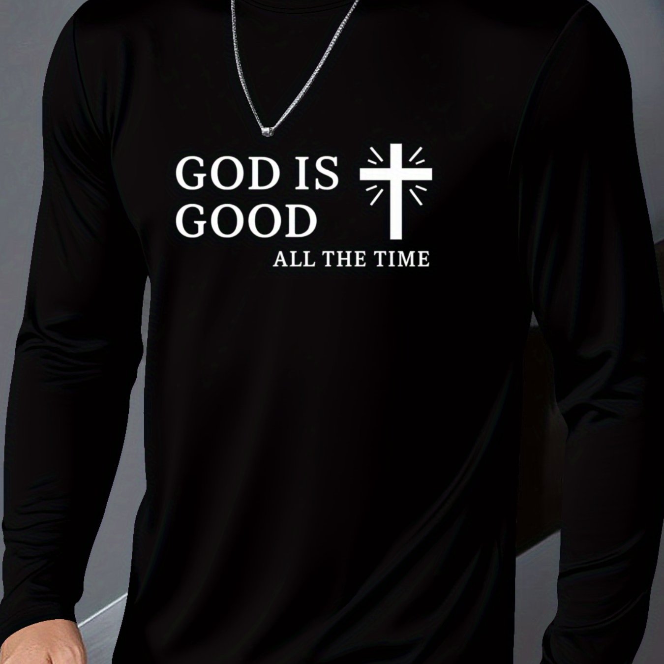 Men's Plus Size Christian Faith T-Shirt - Inspirational "GOD IS GOOD ALL THE TIME" & Cross Print, Breathable Long Sleeve Round Neck Casual Shirt for Church, Casual Attire, Spring/Fall Layering (Adults & Teens) - Comfortable R