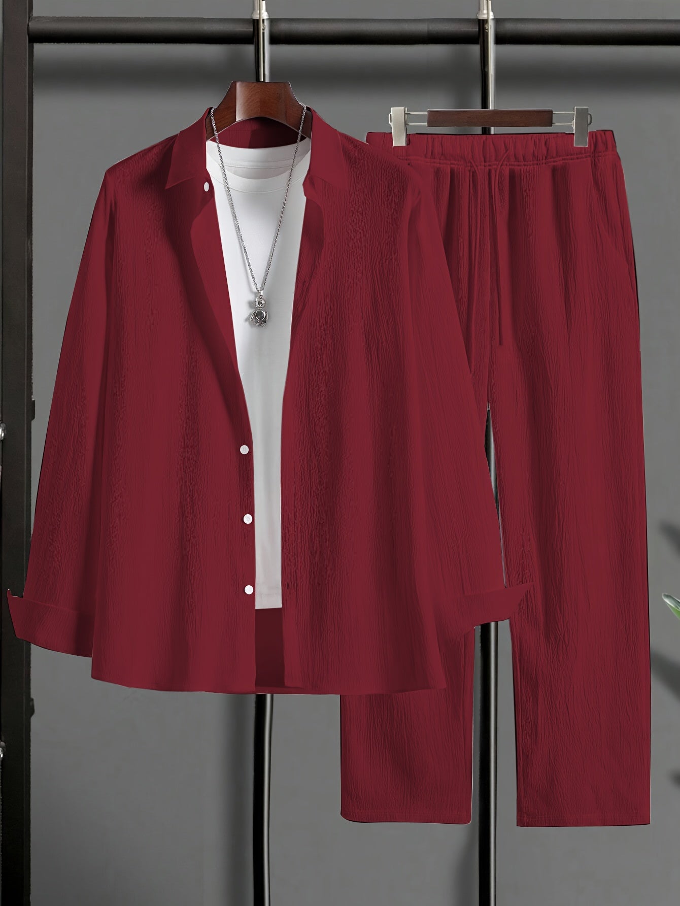 Plus Size Men's Sets, Long Sleeve Shirt & Trousers, Casual Suit Polyester Machine Washable, Lapel Stretch Outfit, Big & Tall Men, Stylish Comfort, Casual Wear, Work Attire, Stylish Set, Versatile Outfit, Comfortable Fit, Brea