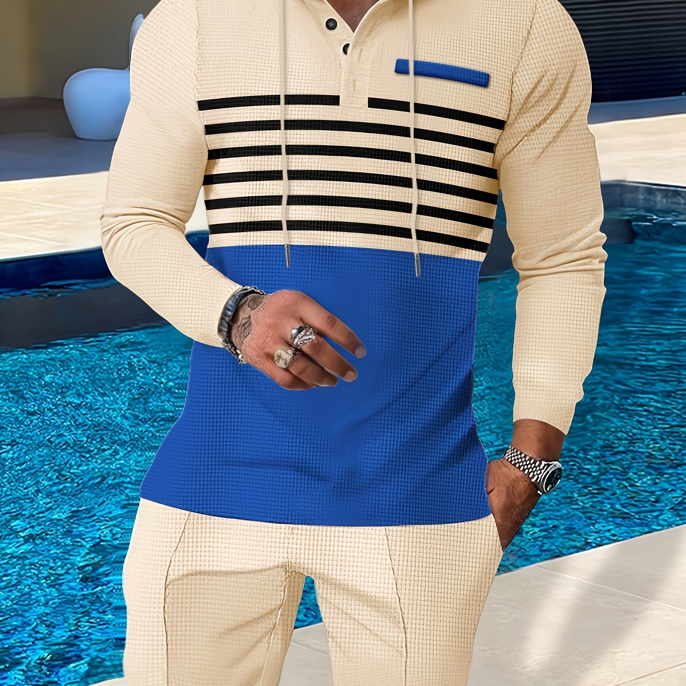 New Men's Casual Set Outdoor Versatile High Fashion Men's Hoodie Color blocked Striped Long Sleeve Top Long Pants Two Piece Set for Men