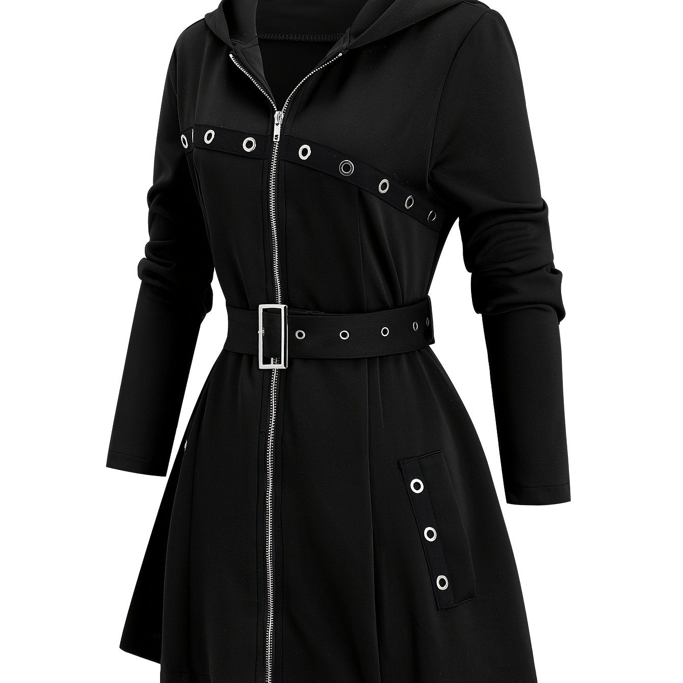 1pc Y2K Style Women'S Hooded Jacket - Solid Color Polyester Knit Fabric with Zipper and Belt Detail, Long Sleeve Punk-Inspired Casual Outerwear for Fall/Winter