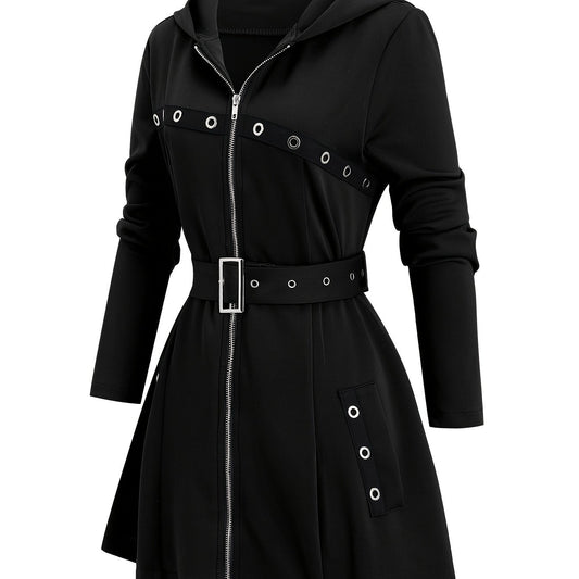 1pc Y2K Style Women'S Hooded Jacket - Solid Color Polyester Knit Fabric with Zipper and Belt Detail, Long Sleeve Punk-Inspired Casual Outerwear for Fall/Winter