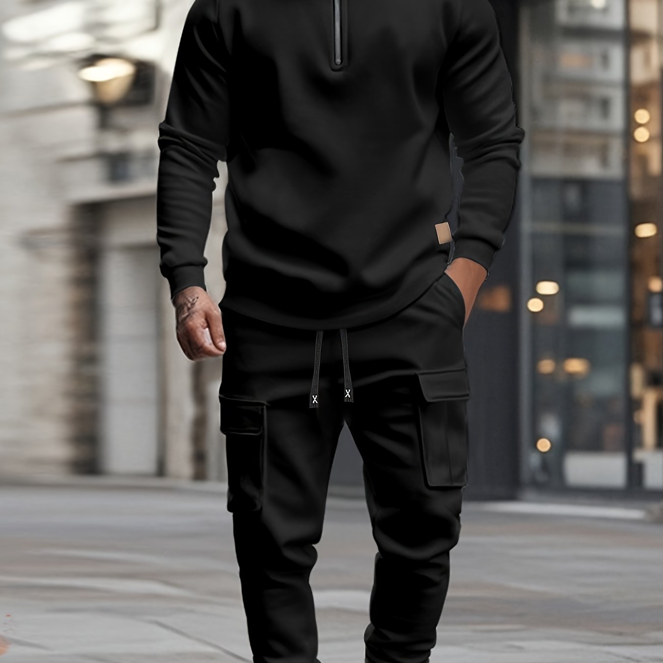 [Retro Casual Suit] Mens Fashionable Retro Casual Suit | Small Stand-up Collar Half-Zip Sweatshirt Plus Multi-Pocket Work Pants Set - Street Trendy Sports Suit Mens Outdoor Jogging Fitness Commuting All-Purpose Casual Sports