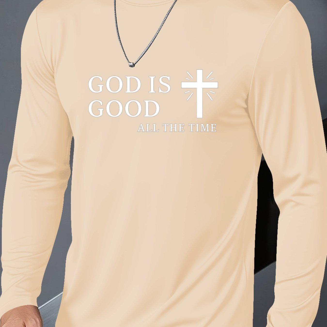 Men's Plus Size Christian Faith T-Shirt - Inspirational "GOD IS GOOD ALL THE TIME" & Cross Print, Breathable Long Sleeve Round Neck Casual Shirt for Church, Casual Attire, Spring/Fall Layering (Adults & Teens) - Comfortable R