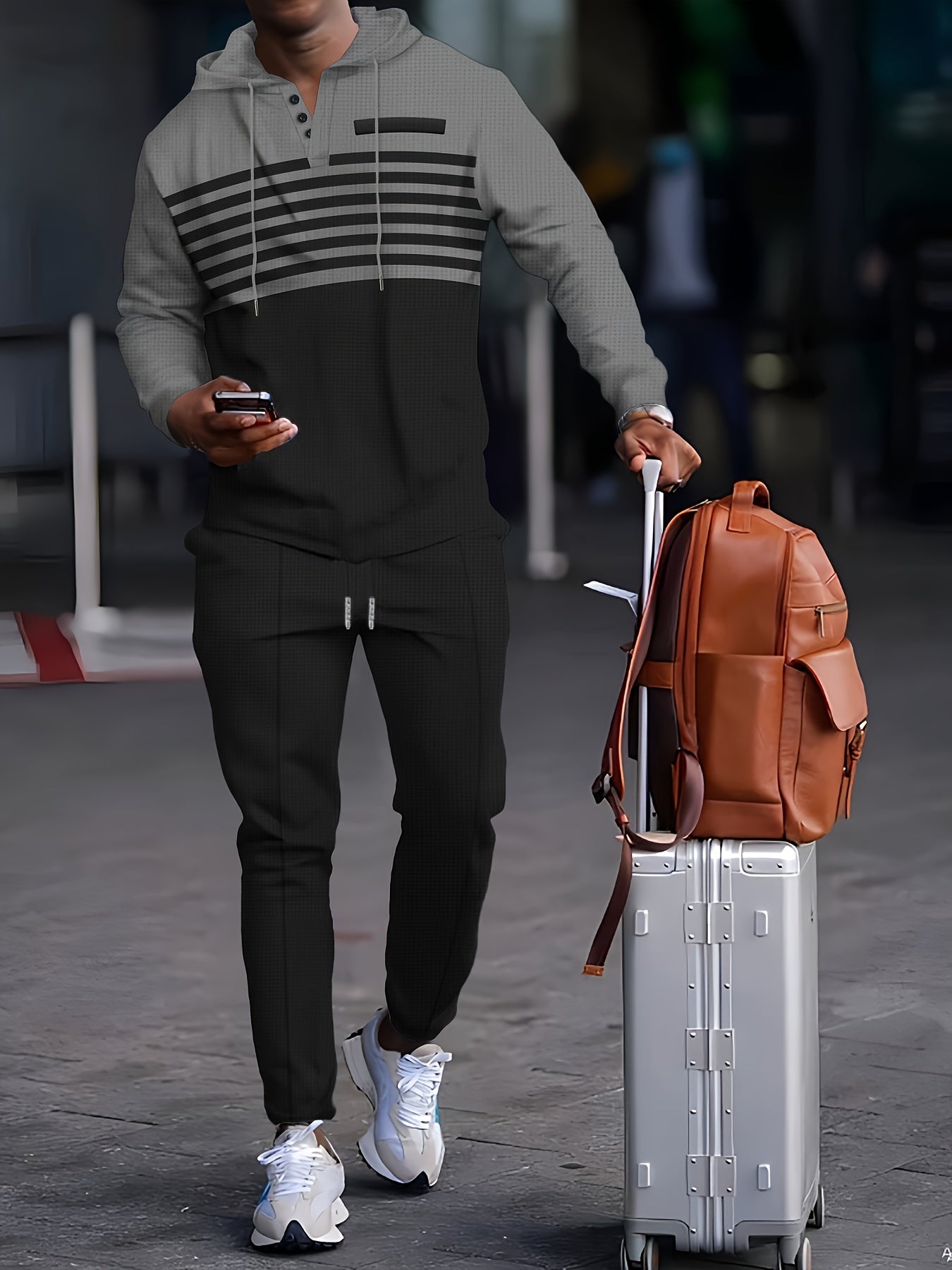 New Men's Casual Set Outdoor Versatile High Fashion Men's Hoodie Color blocked Striped Long Sleeve Top Long Pants Two Piece Set for Men