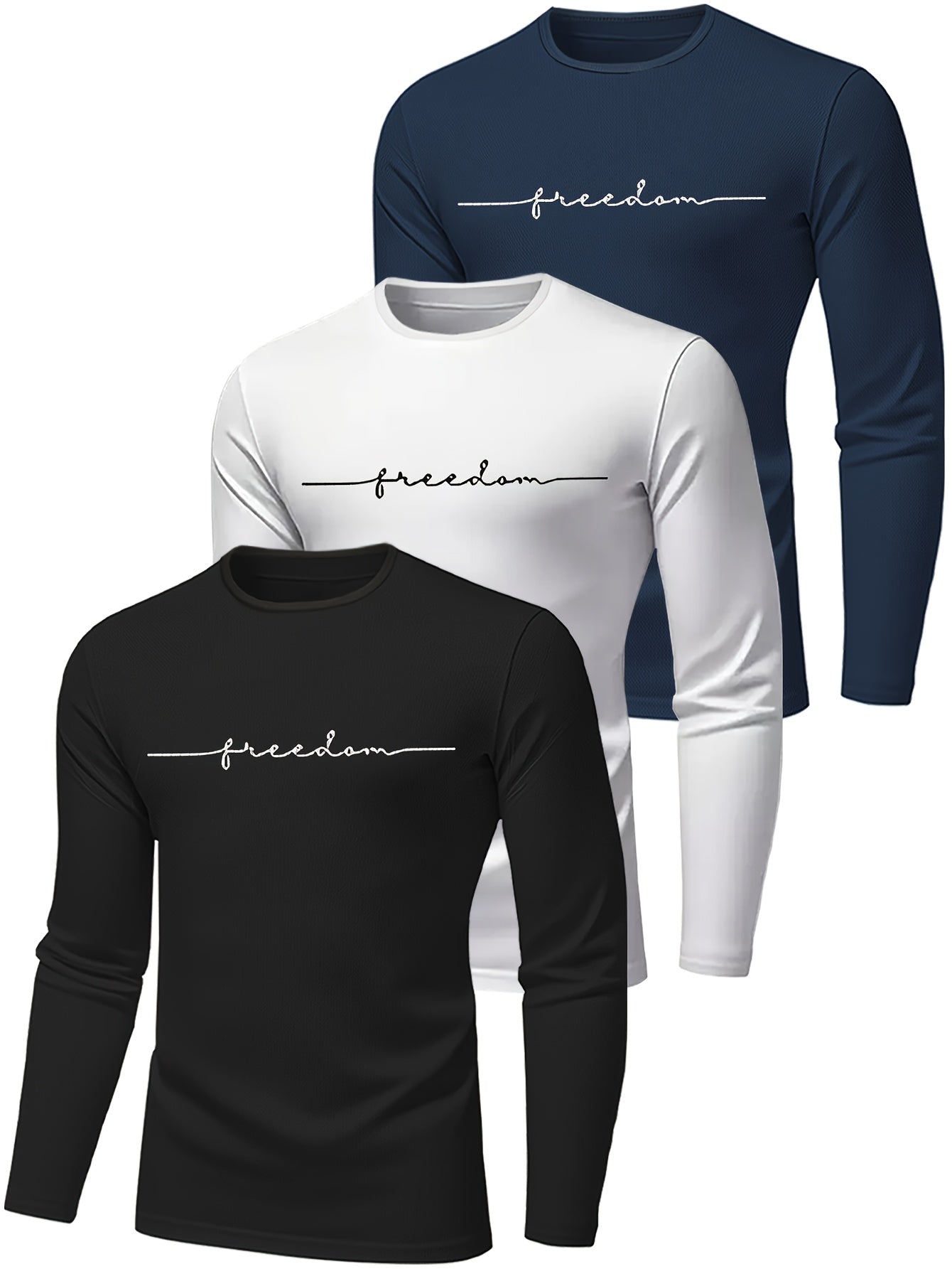 3pcs Men's Quick-Dry Long Sleeve T-Shirts - Moisture-Wicking Breathable Athletic Shirts with Freedom Print, Loose Fit for Gym, Running, Hiking & Outdoor Training - Multi-Color (Navy/White/Black) - Machine Washable Sportswear