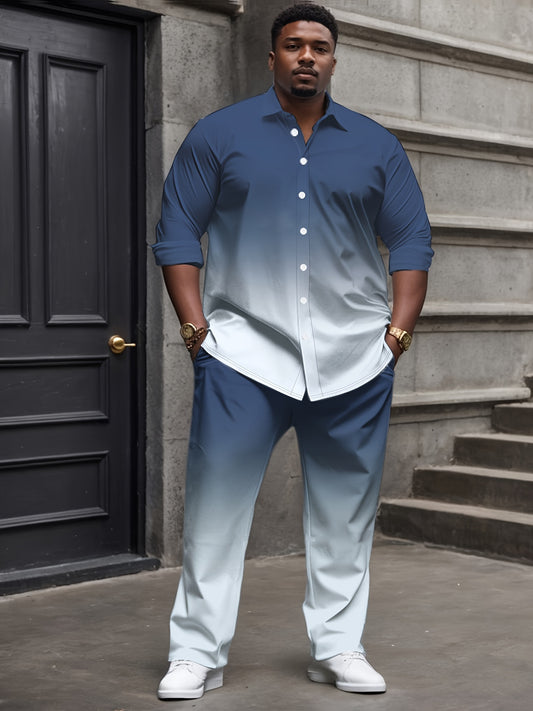 Men'S Plus Size Casual Knit Shirt and Pants Set - Light Blue Striped Pattern, Long Sleeve, Button-Up, Regular Fit with Pockets, Perfect for Casual Attire, Casual Attire|Striped Pattern|Knit Construction, PLUS SIZE