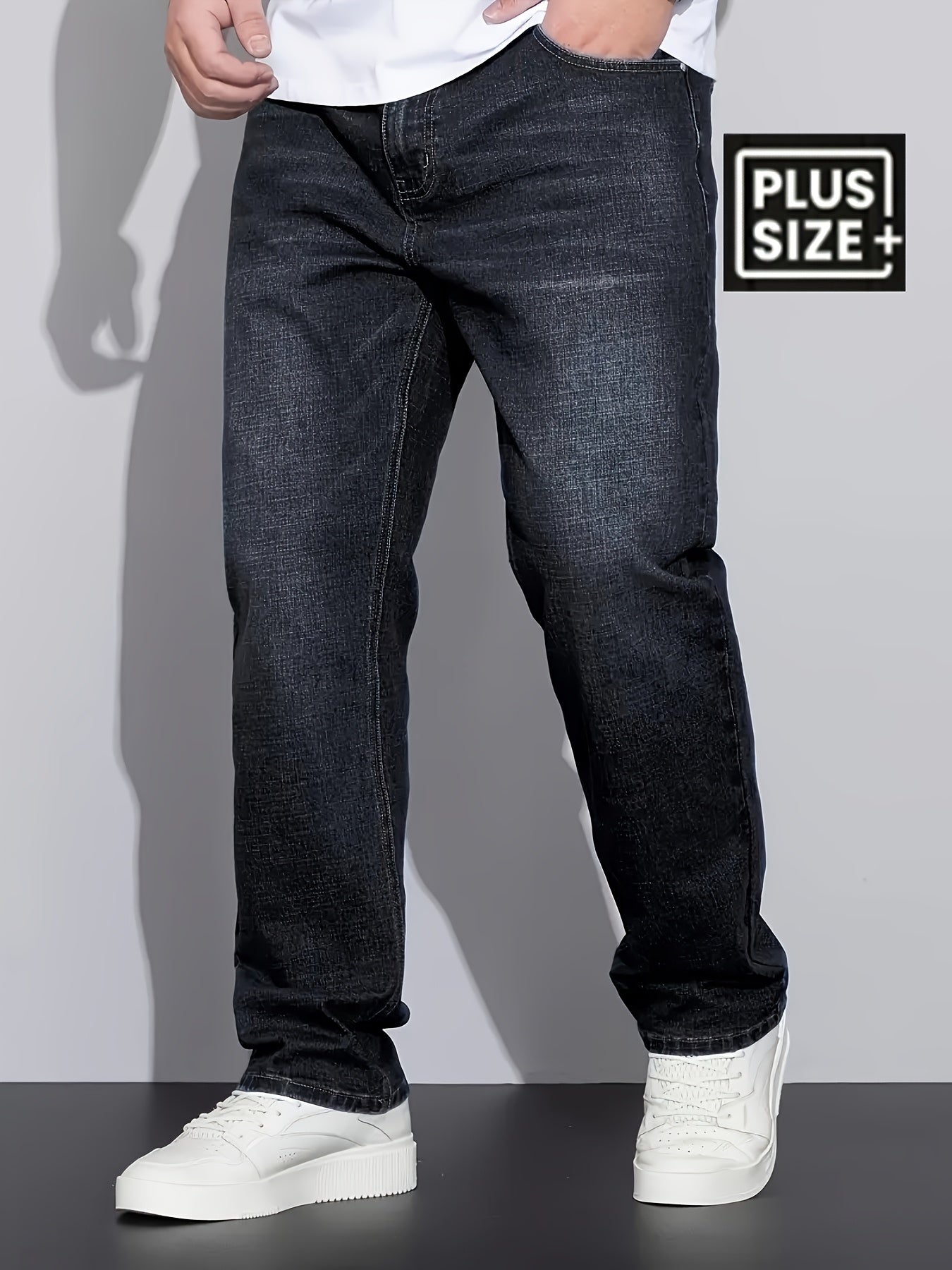 [HME] Men'S Simple And Casual Denim Trousers, Classic Five-pocket Style, Retro Washed Craftsmanship, Mid-waist Elastic Straight-leg Pants, Built-in YKK Zipper Closure, Essential Men'S Plus-size Jeans For Fashionable And Casua