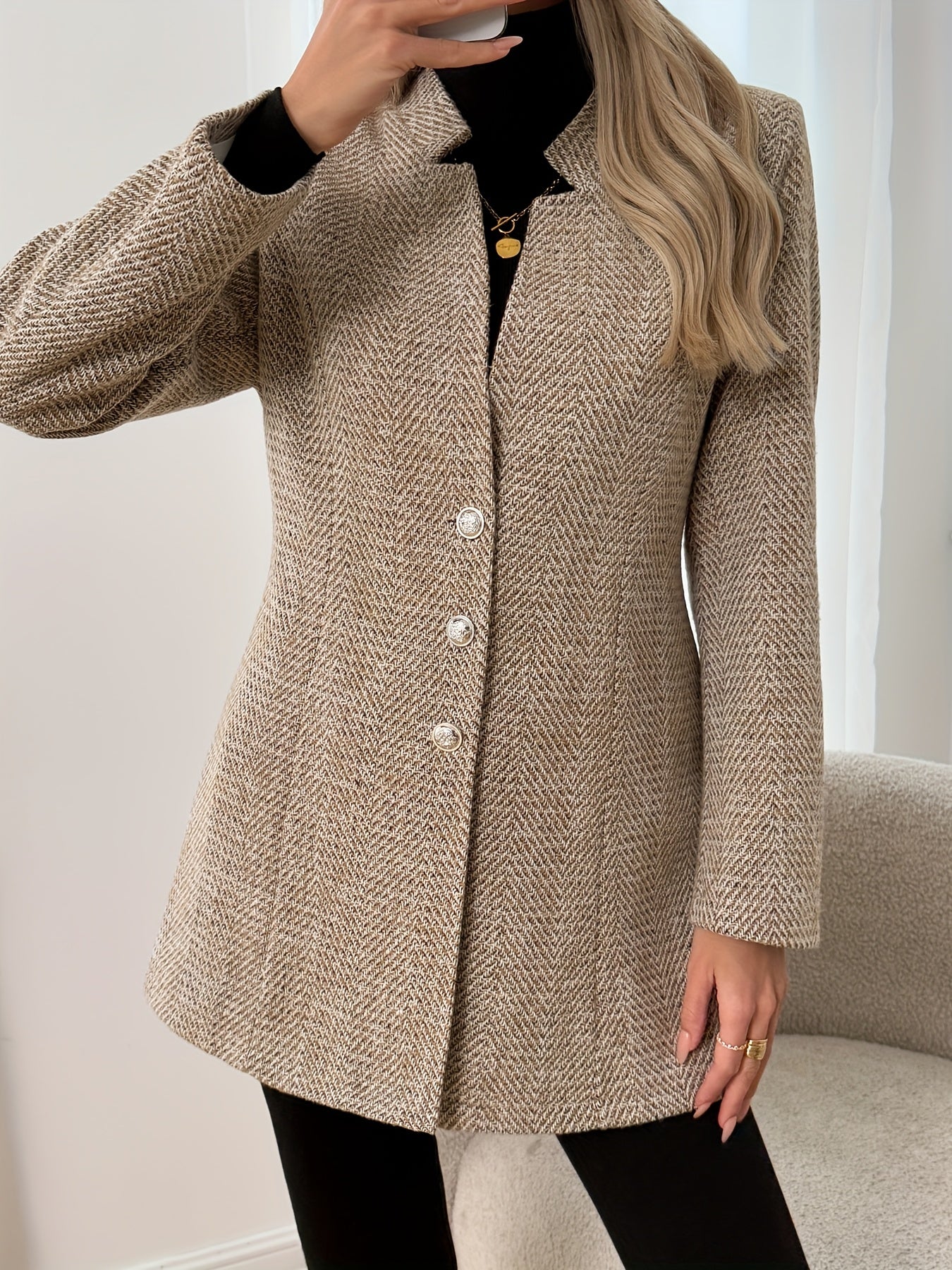 Women's Tweed Coat - Elegant Beige, H-Silhouette Formal & Everyday Outerwear, Long Sleeve Winter Coat for Office, Parties, Casual Outfits - Non-Stretchy Mature Professional Jacket, Office Wear, Tailored Fit, Textured Fabric,