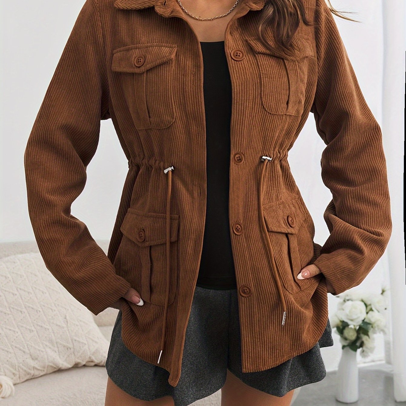 Solid Color Button Front Jacket, Casual Long Sleeve Flap Pockets Drawstring Jacket for Spring & Fall, Women's Clothing