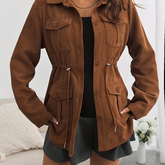 Solid Color Button Front Jacket, Casual Long Sleeve Flap Pockets Drawstring Jacket for Spring & Fall, Women's Clothing