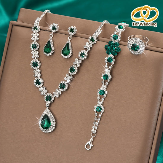 [Teardrop Jewelry Set] A Luxurious 4pcs Set Featuring a Teardrop Necklace, Earrings, Bracelet, And Ring, Perfect for Women&
