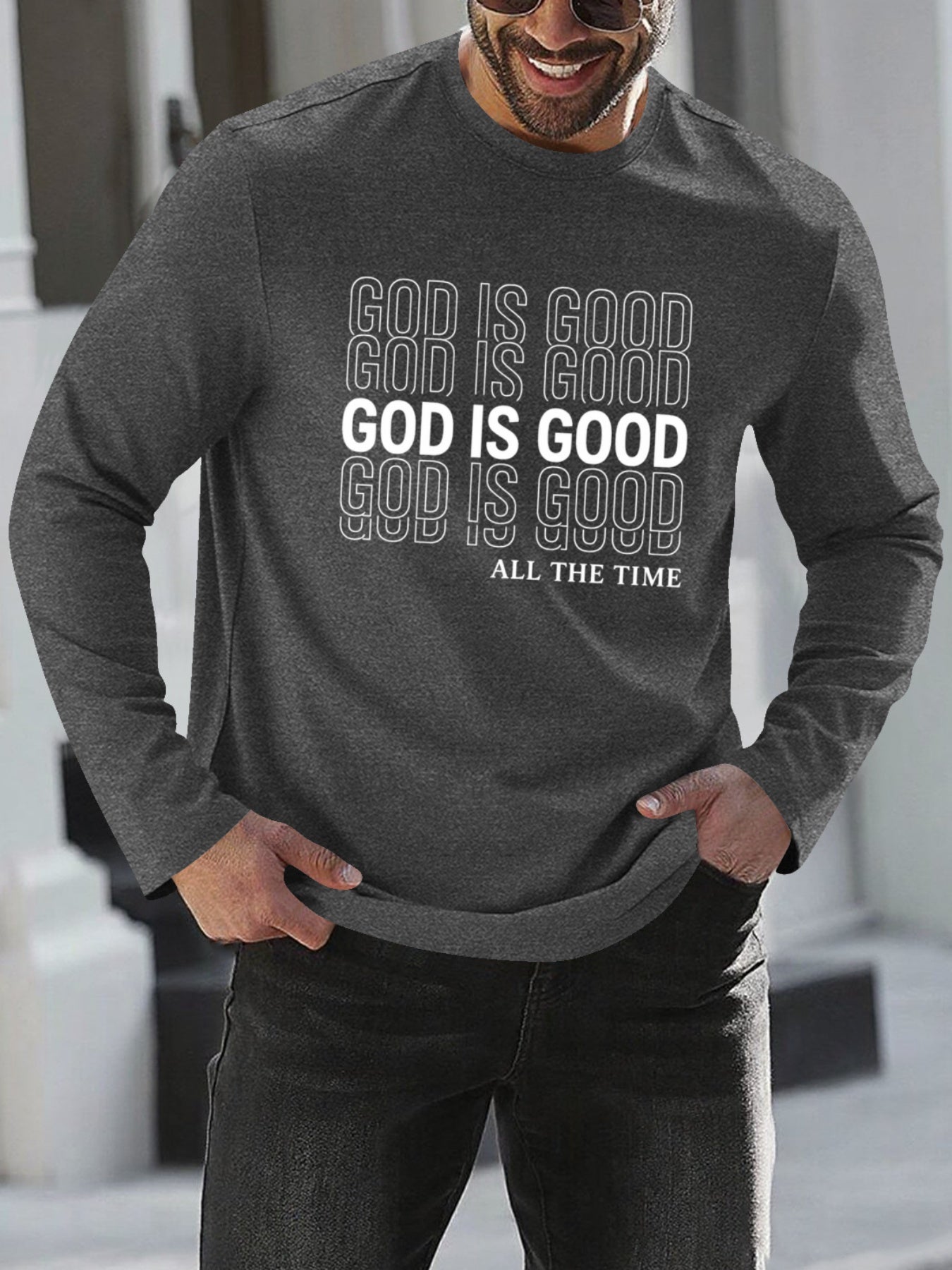 Men's Oversized Christian Faith T-Shirt with "God is Good All The Time" Print - Breathable Long Sleeve Casual Round Neck Shirt for Church, Casual Attire & Religious Events - Spring/Fall Comfort Fit (Adults & Teens) - Medium S