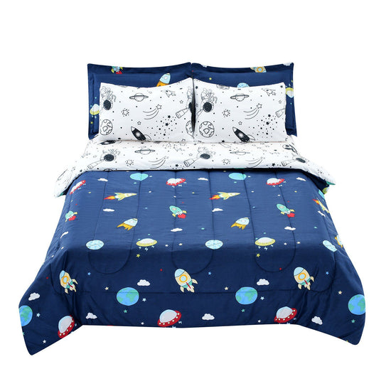 VEVOR Kids Comforter Set, 7 Pieces, Twin Bedding Sets with 1 Comforter, 1 Flat Sheet, 1 Fitted Sheet, 4 Pillowcases, Soft Microfiber & Space Printed, Bedding Comforter Sets for Boys Girls Teen