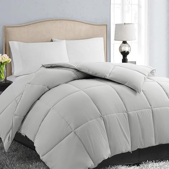 Queen Size Down Alternative Comforter - Quilted Duvet Insert for All Seasons, Soft Lightweight with Corner Tabs, Summer Winter Warm Bedding, Light Grey 88×88 Inches