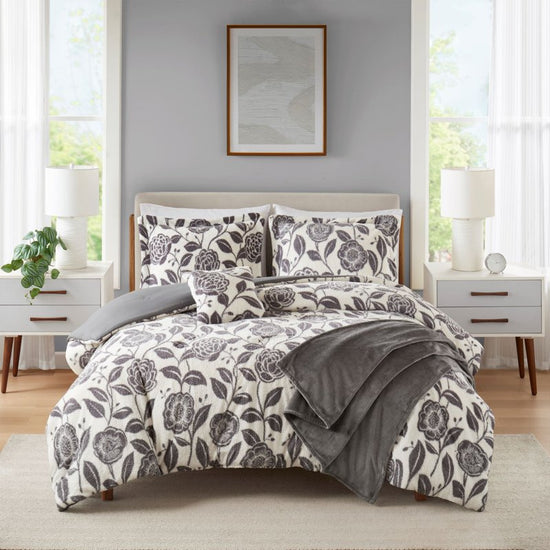 5-Piece Grey Cozy Plush Comforter Set, Full/Queen