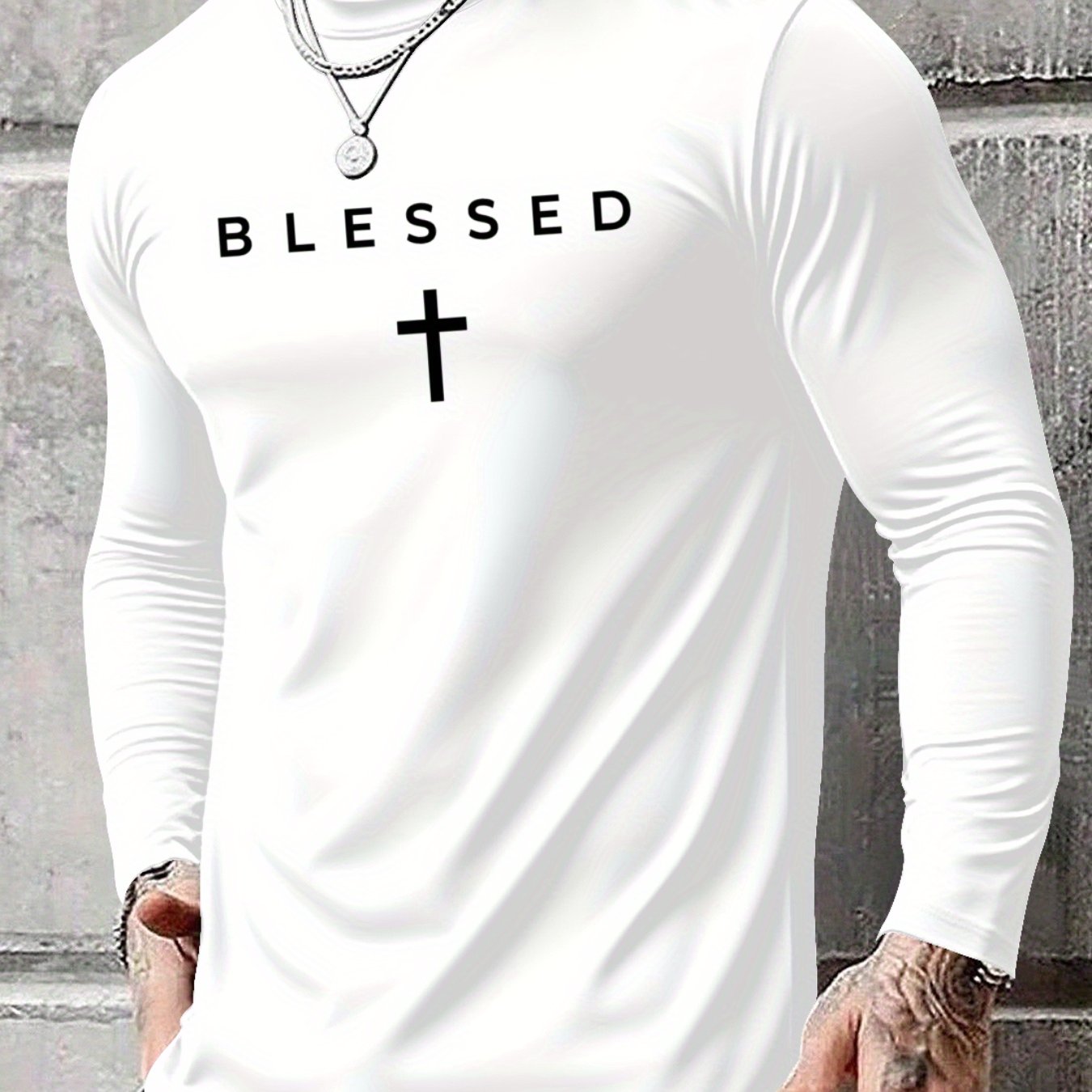 Men's Oversized Long Sleeve T-Shirt with Blessed Cross Print - Breathable Casual Round Neck Christian Faith Apparel, Plus Size Comfort Fit for Spring Summer Fall, Casual Attire & Church Events (Adults & Teens), PLUS SIZE