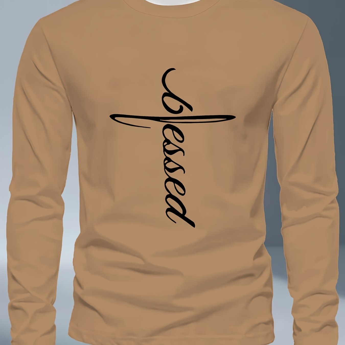 Men's Plus Size Long Sleeve T-Shirt - Dark Gray/Black Blessed Script & Cross - Soft Everyday & Formal Shirt - Machine Washable Casual Top for Religious Events Casual Attire, Event Apparel, Graphic Tee, Comfortable Fit, Comfor