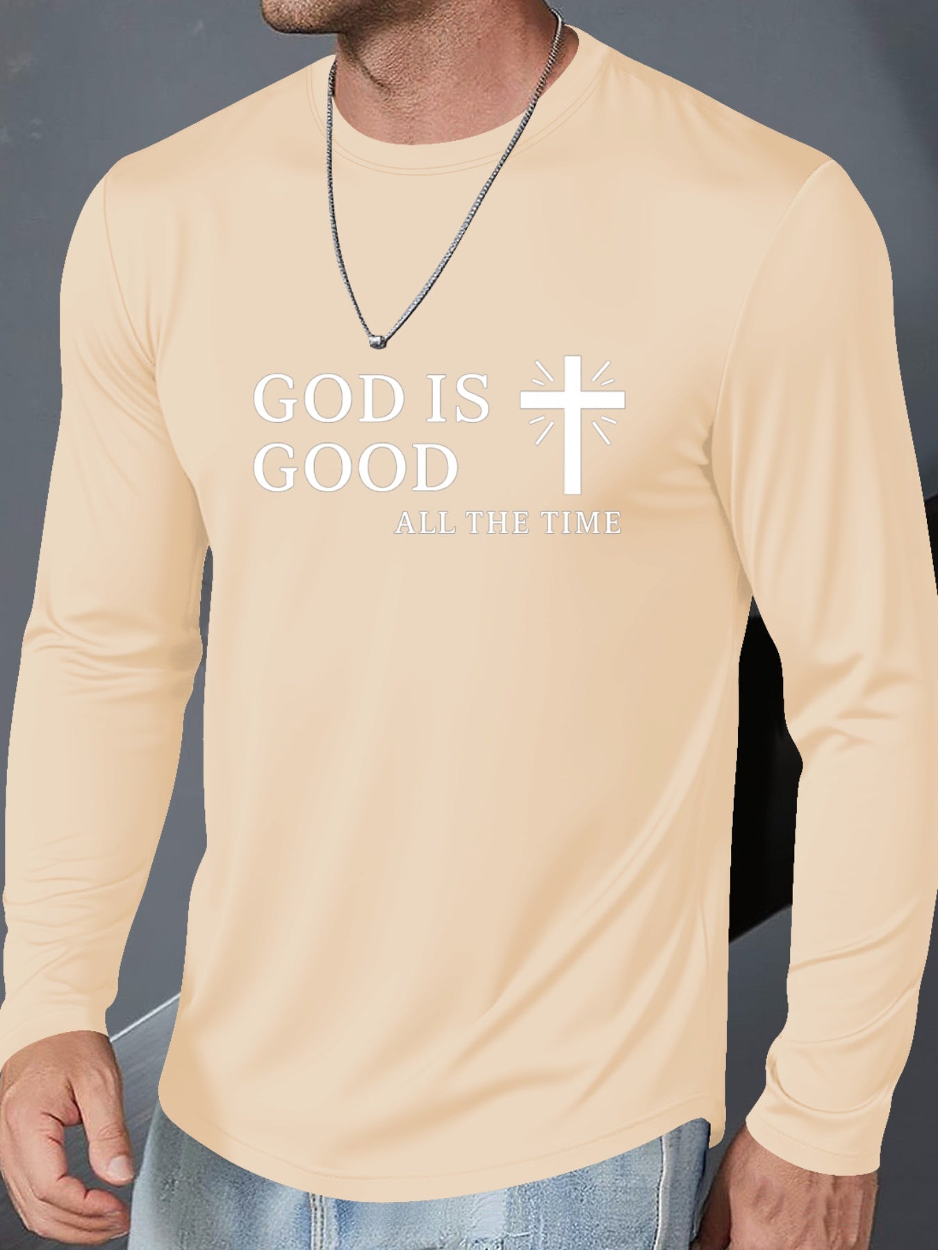 Men's Plus Size Christian Faith T-Shirt - Inspirational "GOD IS GOOD ALL THE TIME" & Cross Print, Breathable Long Sleeve Round Neck Casual Shirt for Church, Casual Attire, Spring/Fall Layering (Adults & Teens) - Comfortable R