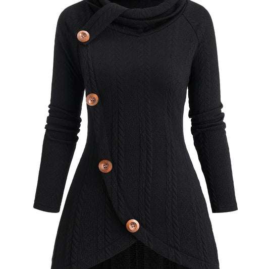 Women'S Casual Knit Cardigan, High Neck Asymmetrical Button Detail, Solid Color Polyester 95% Spandex 5% Long Sleeve Top for Fall/Winter