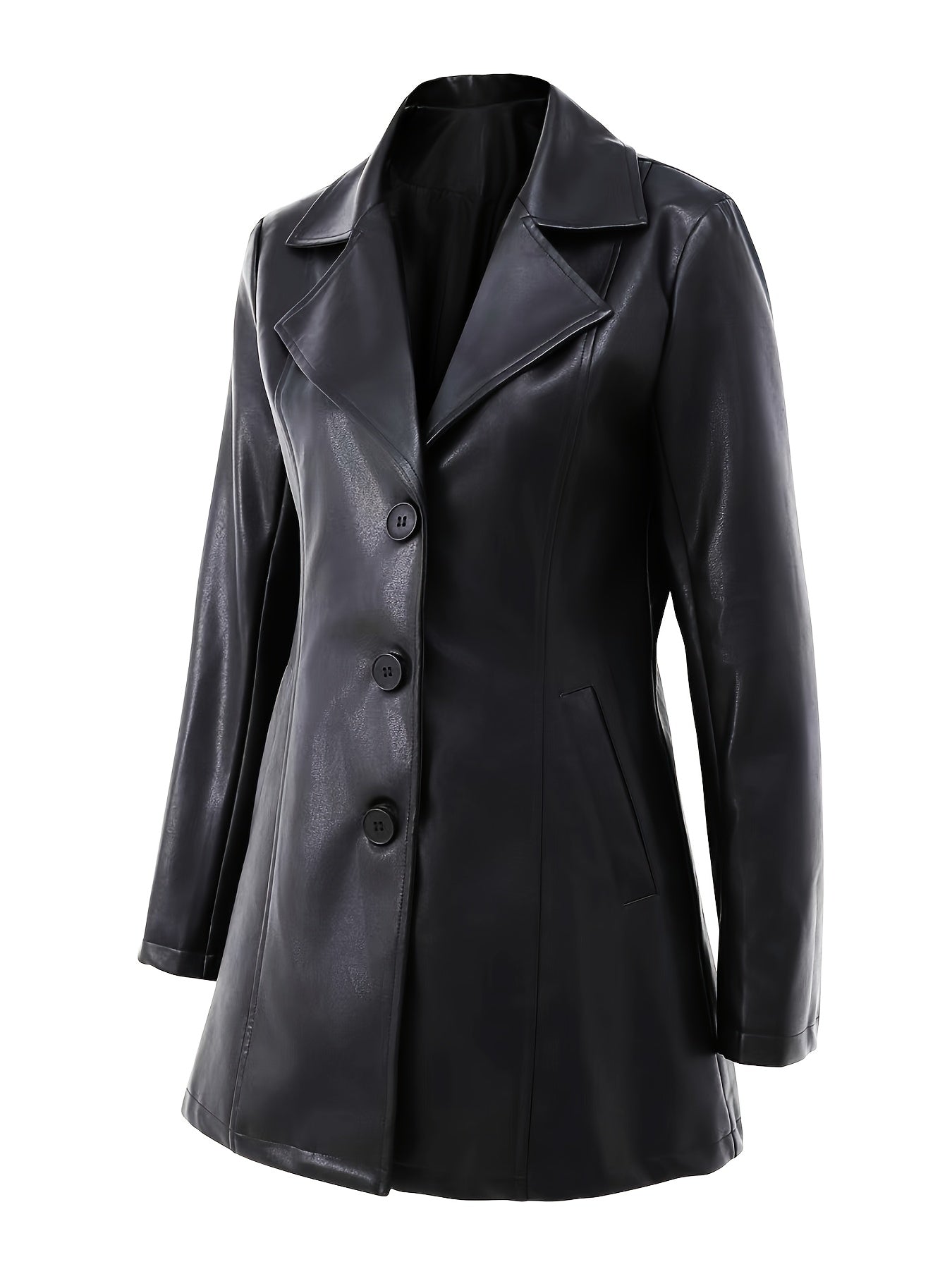 Leather Women's slim-fit jacket - elegant collar, mid-length outerwear with a single-button front closure, A-line cut, umbrella-shaped hem, suitable for casual and professional wear all year round, long sleeves