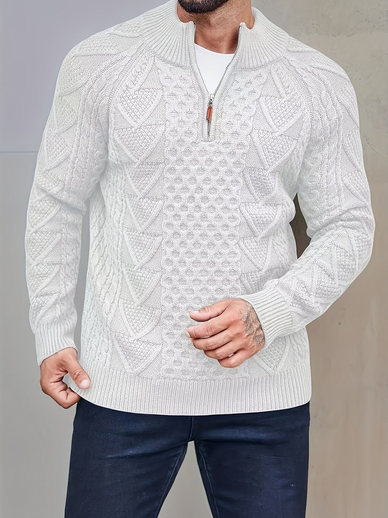 Plus Size Men's Cable-Knit Sweater - Slim Fit Stand Collar Zipper Front Casual Pullover, Thick Warm Winter Knitwear for Autumn & Winter, Easy Care Hand Wash/Dry Clean, Knit Sweater, Durable Fabric Wear, PLUS SIZE