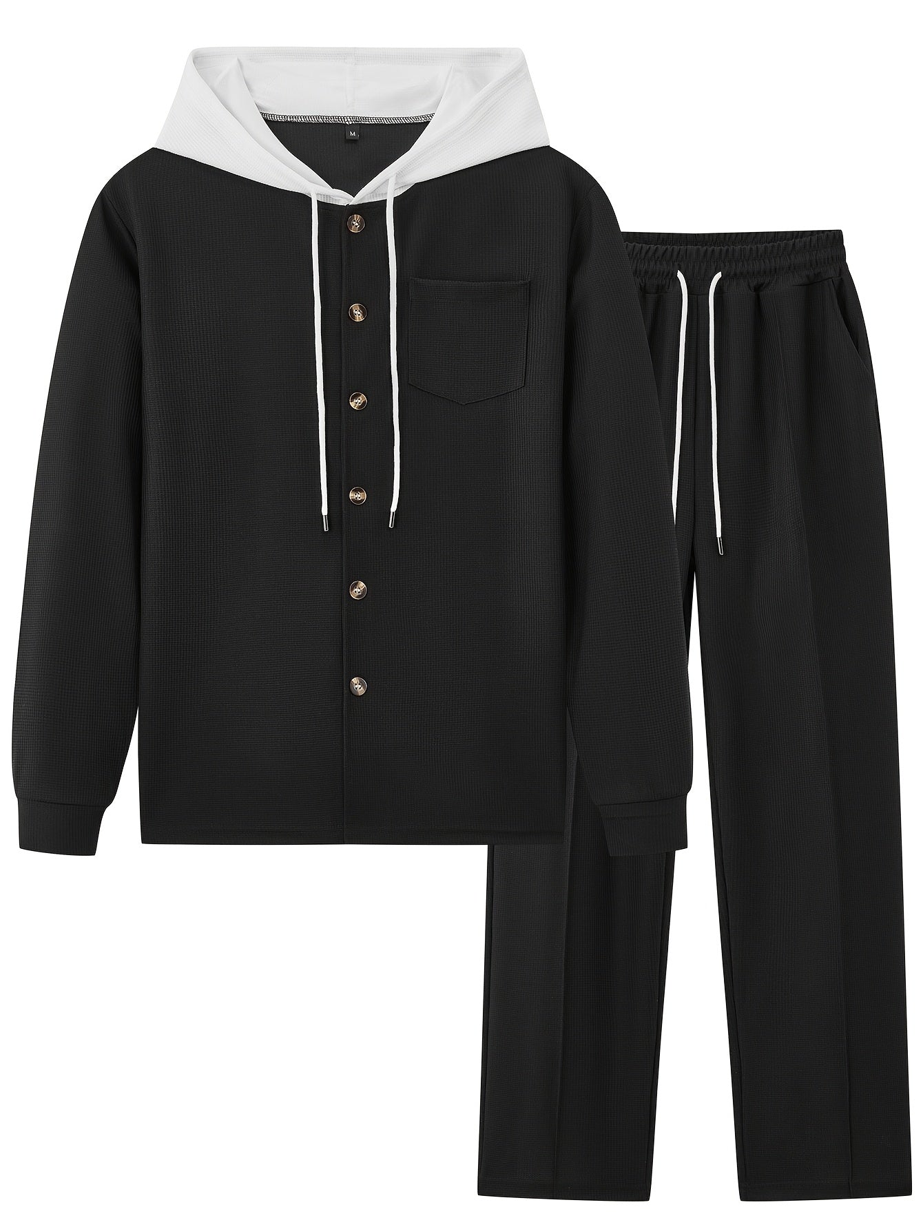 Men's Two-Piece Waffle Knit Set with Hooded Button-Up Cardigan and Drawstring Sweatpants Casual Wear Comfortable Outfit for Spring/Autumn