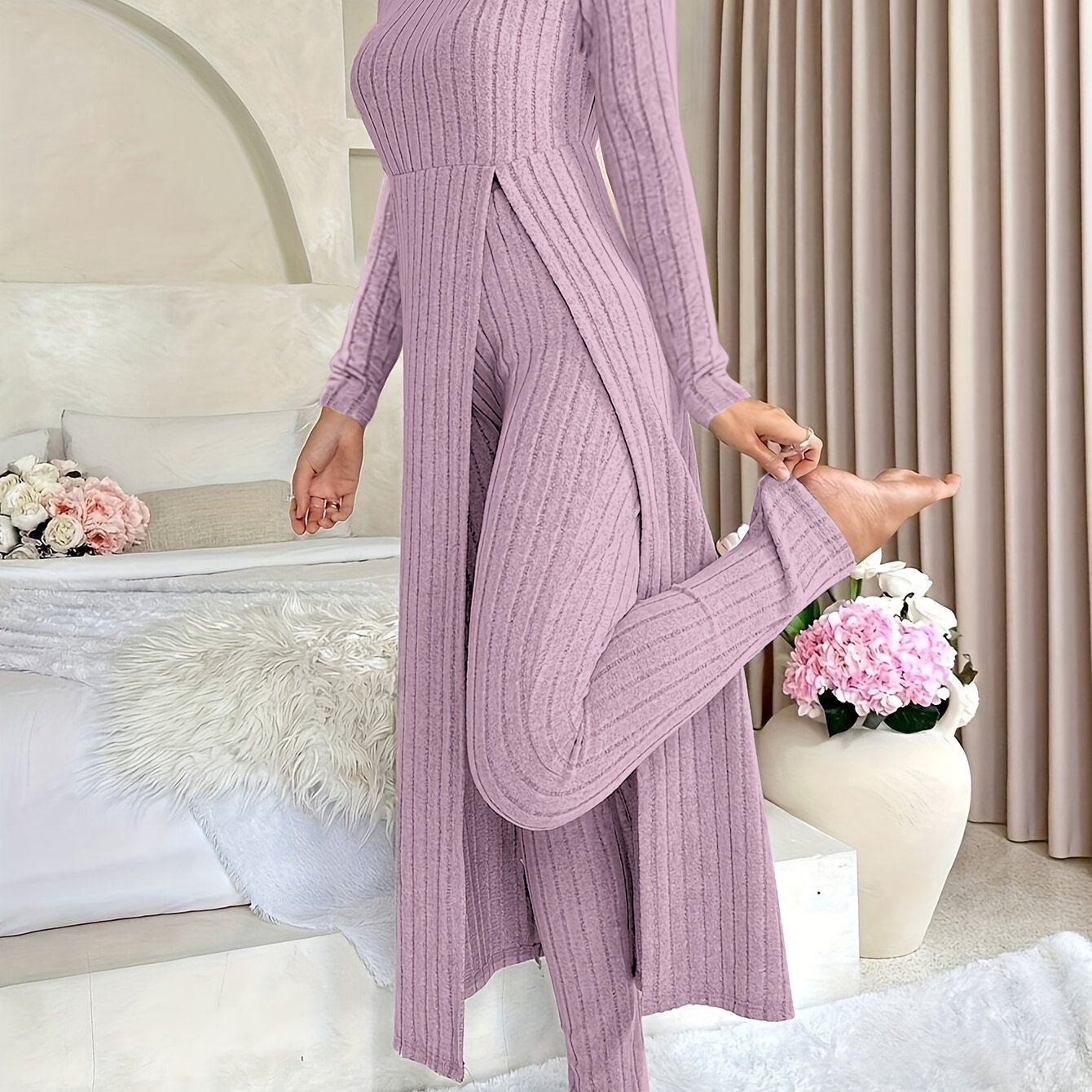 [Plaid Two-Piece] Two-Piece Set Round Neck Split Long Sleeve Top and Pants | Design Sensation with Plaid Spring/Autumn Style