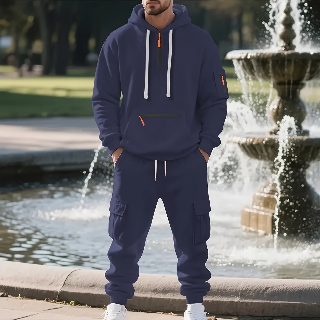 2pcs Men's Oversized Fleece Hooded Set - Heavyweight Warmth Breathable Fleece Jogger Tracksuit with Full-Zip Hoodie & Matching Pants, Grey/Black Casual Athletic Outfit for Gym, Outdoor, Casual Attire - Machine Washable, Round