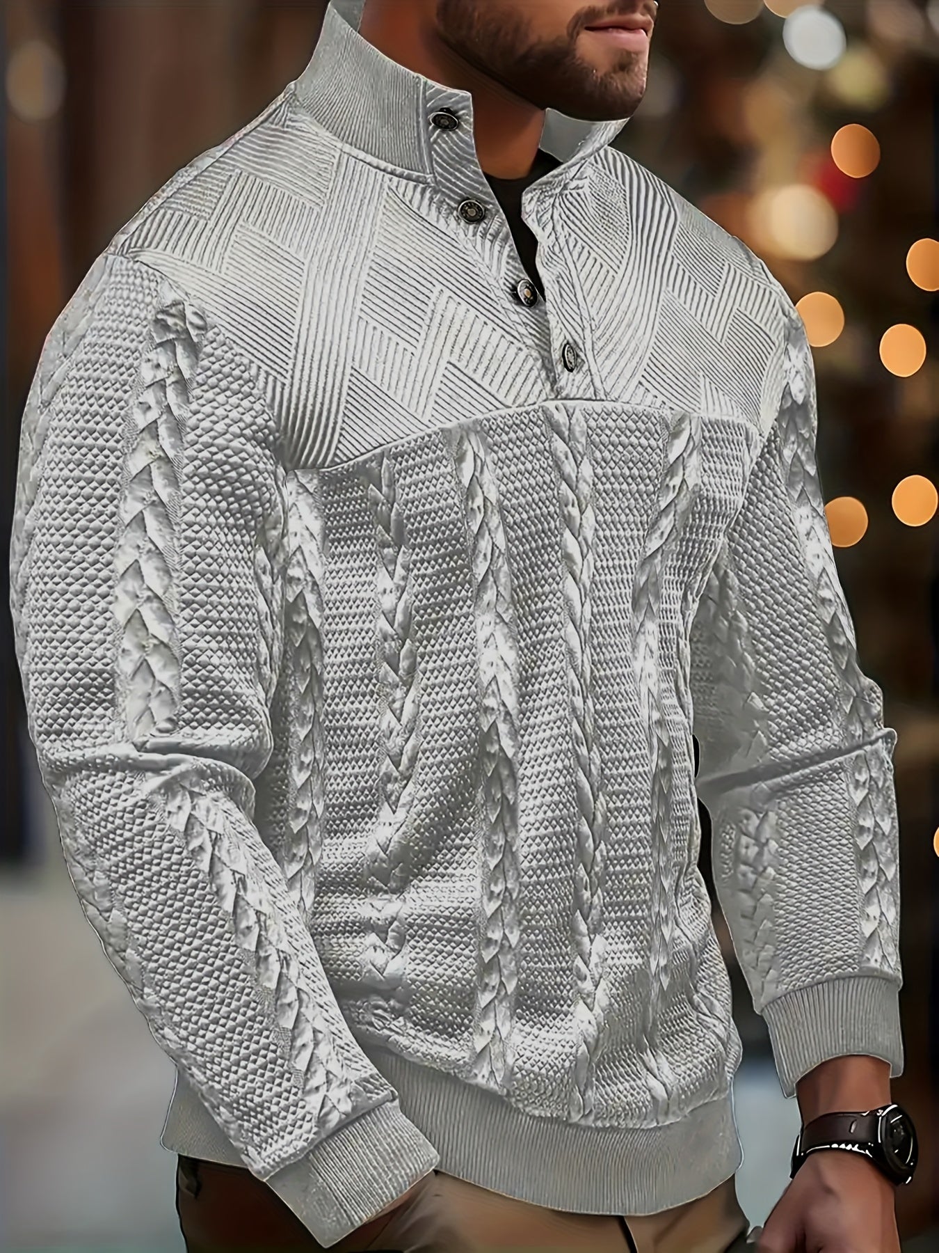 Men'S Jacquard Henley Shirt - Soft Stretch Long Sleeve Pullover with Button Front, Casual Knit Sweater for Fall/Winter, & Striped Design, Regular Fit Outdoor & Casual Attire, Winter Casual Wear | Striped Knitwear | Jacquard T