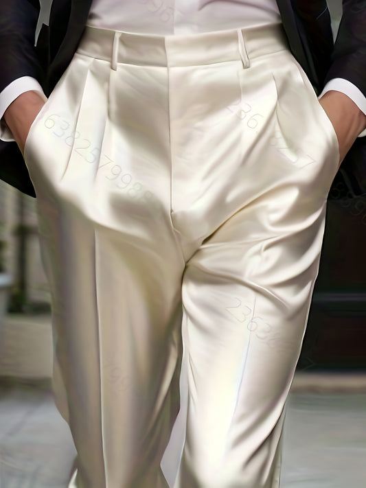 Men'S Plus Size High Waisted Pants - Elegant Ivory Solid Color Trousers with Button Closure, Structured Fit for Formal & Casual Attire - All-Season Business
