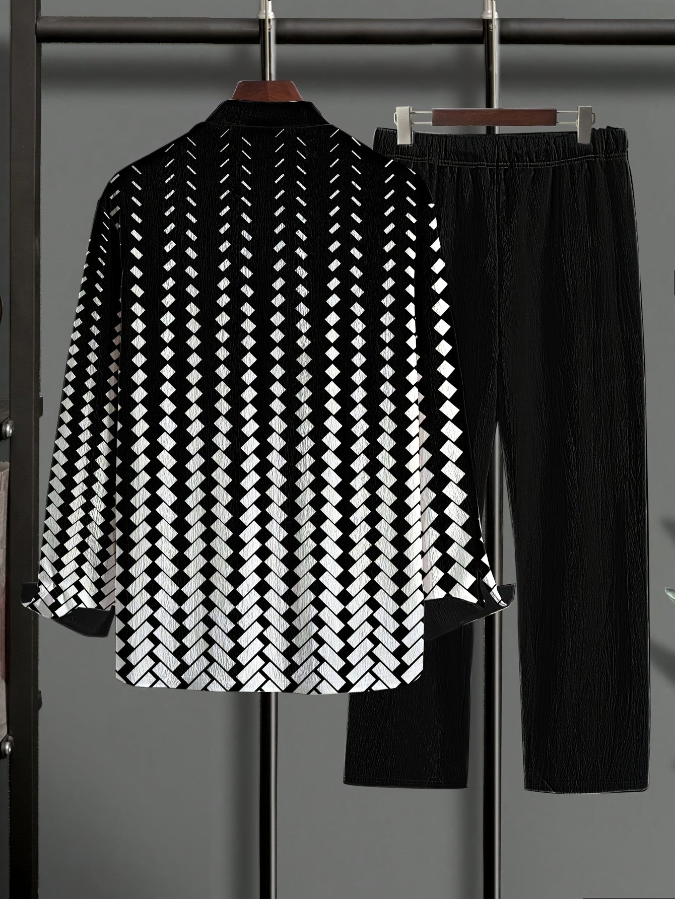 [Plus Size Polka Dot Knit Set] 1set Plus Size Men's Polka Dot Knit Shirt and Pants Set - Polyester Blend with Elastane, Lapel Collar, Button Details, Slight Stretch, Regular Fit