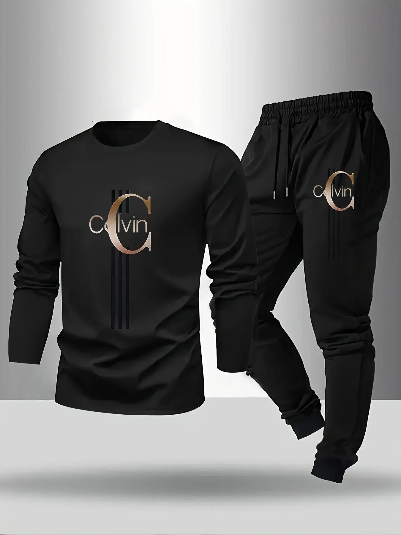 2pcs Set- Large-Sized Men'S Long-Sleeved T-Shirt And Long Pants Set, Letter-Printed Round-Neck Top+ Drawstring Outdoor Casual Sport Pants Set, Spring And Autumn Clothing, Polyester Blend for Softer And More Breathable, Larger