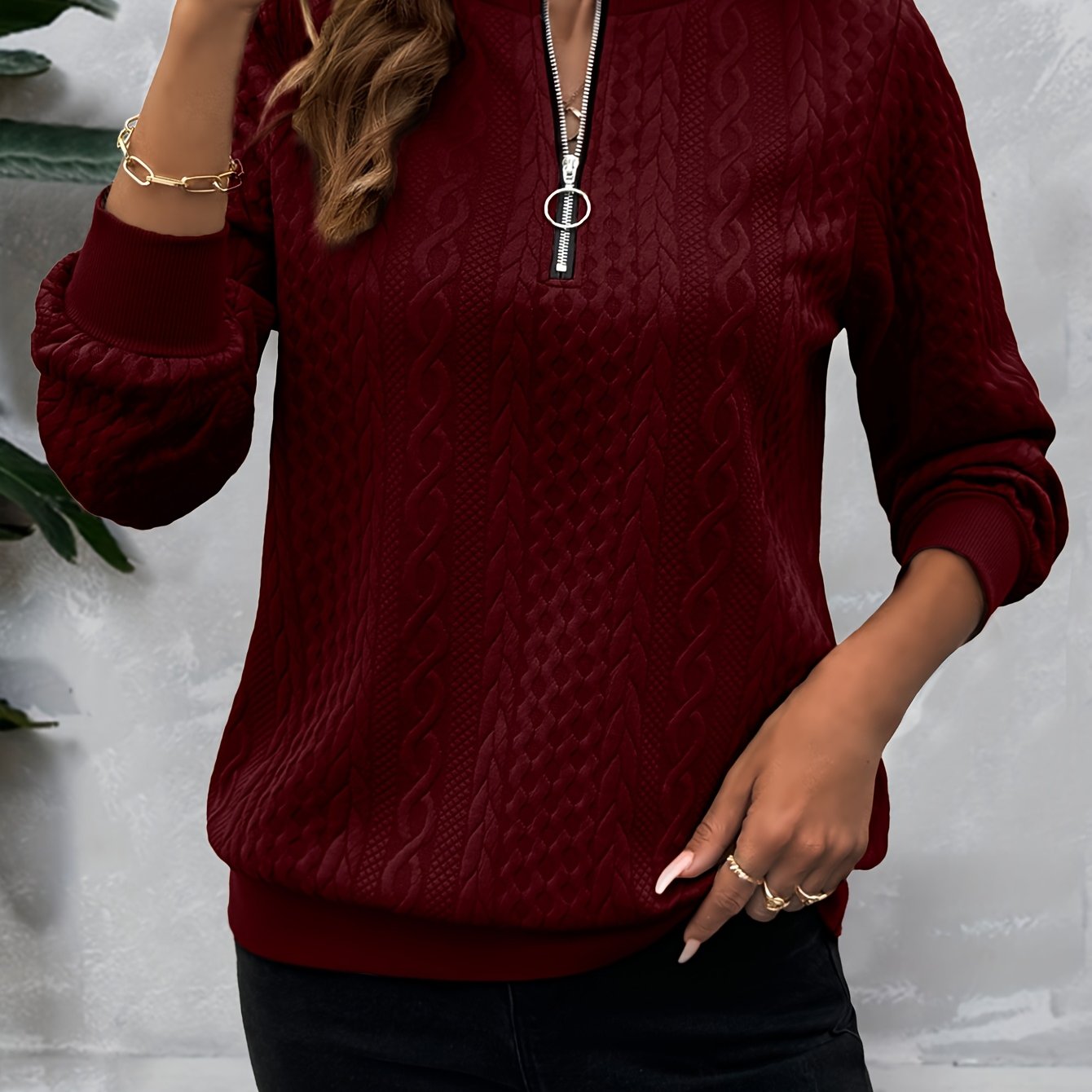 [Casual Sweatshirt] Casual Textured Half Zipper Pullover Sweatshirt | Women's Long Sleeve Sweatshirt For Fall & Spring