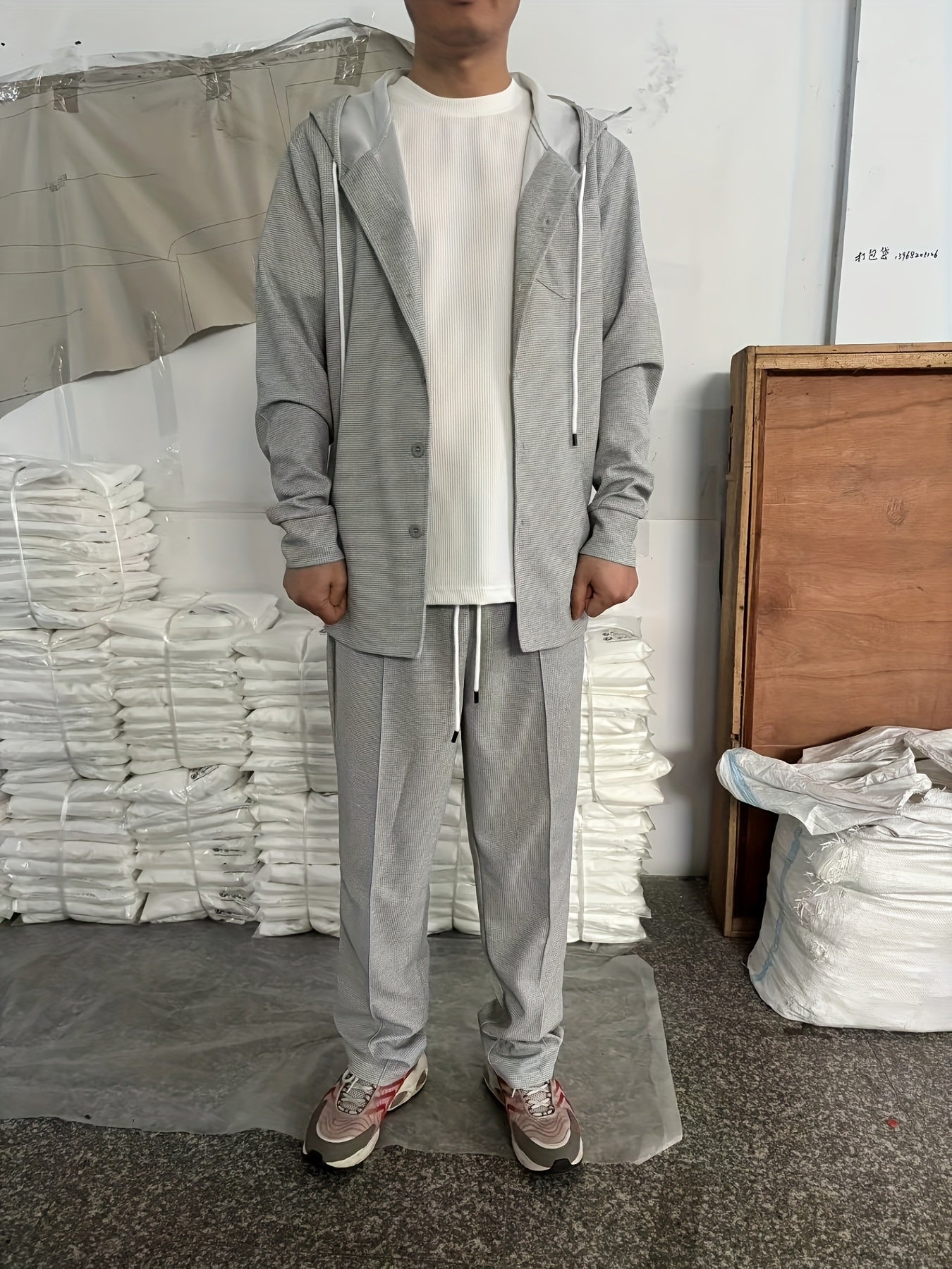 Men's Two-Piece Waffle Knit Set with Hooded Button-Up Cardigan and Drawstring Sweatpants Casual Wear Comfortable Outfit for Spring/Autumn