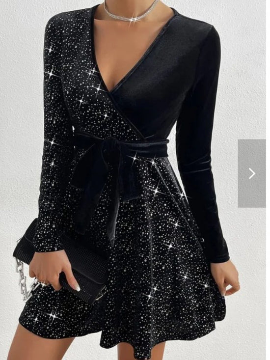 Sparkling Sequin Long Sleeve A-Line Dress - Sexy Party Evening Gown, Machine Washable Solid Color Dress Suitable for Weddings, Proms & Year-Round Events