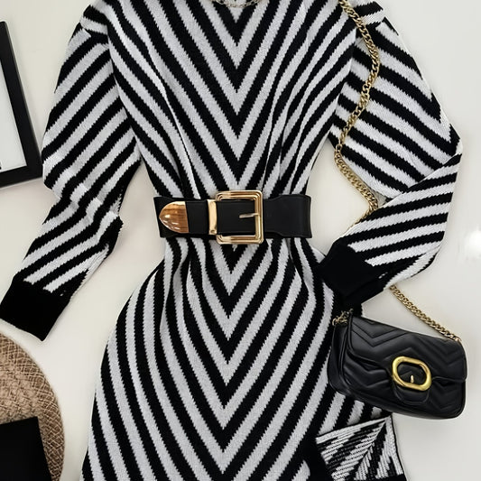 Women'S Elegant Long Sweater - Chic Black & White diagonal stripes, High Neck Longline Top for Fall/Winter, Office, Party, Everyday Outfits - No Belt Needed, Easy-Care Women'S Clothing, Ladies Sweaters, Winter Wardrobe, Drop