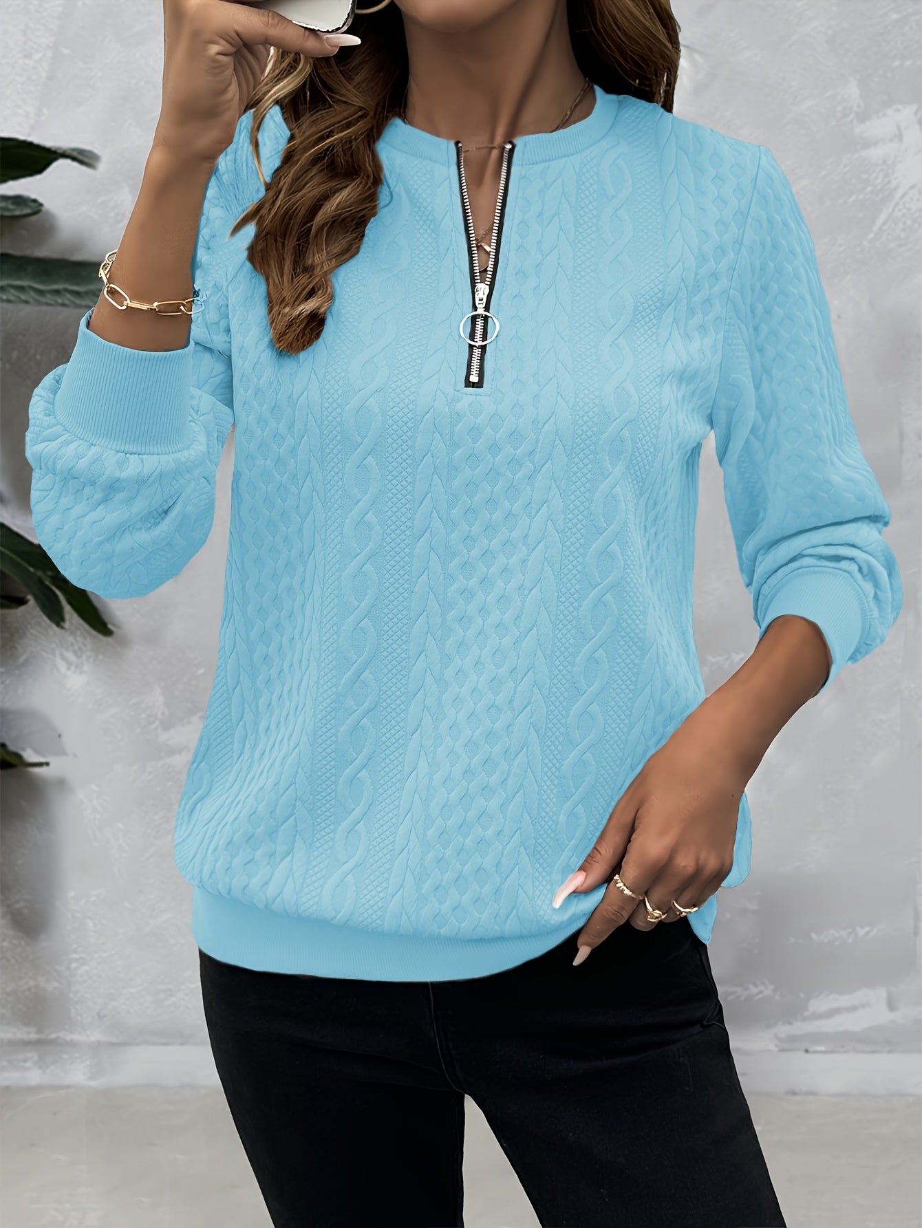 [Casual Sweatshirt] Casual Textured Half Zipper Pullover Sweatshirt | Women's Long Sleeve Sweatshirt For Fall & Spring