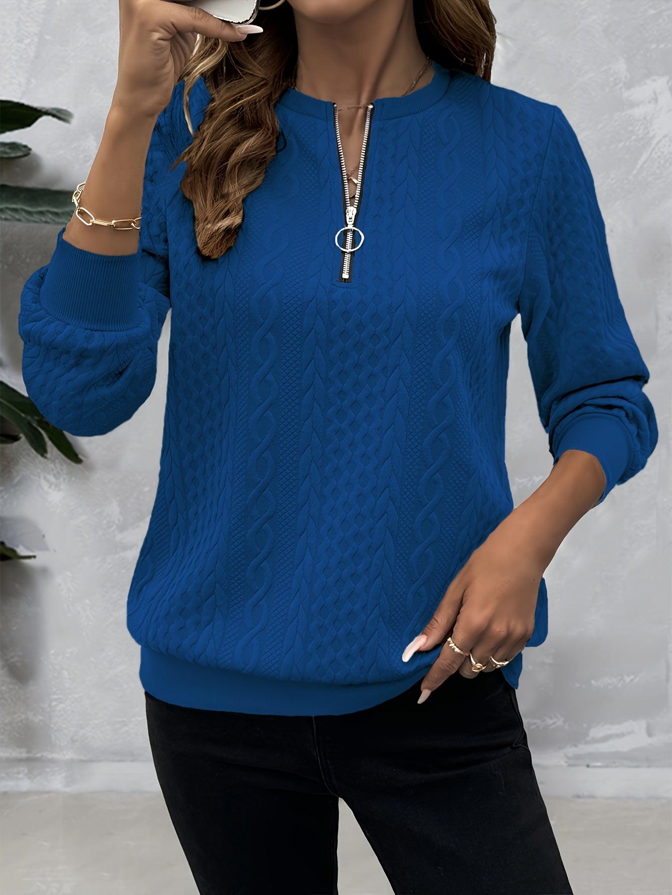 [Casual Sweatshirt] Casual Textured Half Zipper Pullover Sweatshirt | Women's Long Sleeve Sweatshirt For Fall & Spring