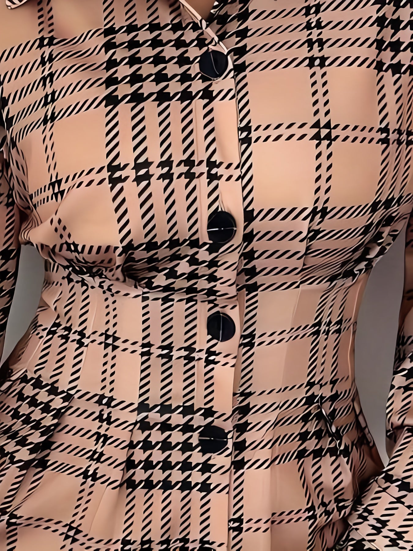 Elegant Houndstooth Plaid Button-Front Blouse Dress with Ruched Waist - Long Sleeve, Knee-Length, Black & White Check Pattern, Perfect for Adult Women, All-Season Wear, Stylish Button-Up Design, Allseason Attire | Ruched Wais